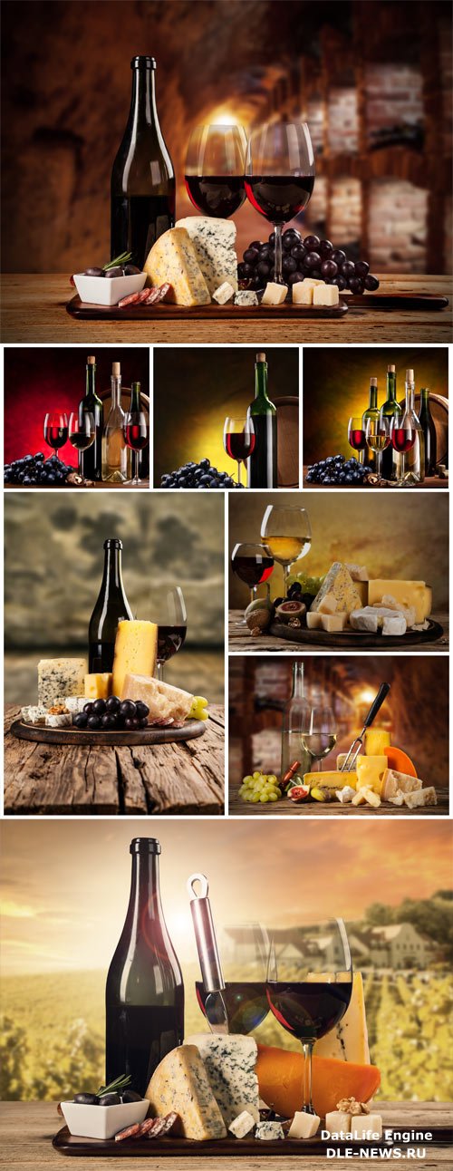 Glasses with wine, cheese and grapes on a tray stock photo