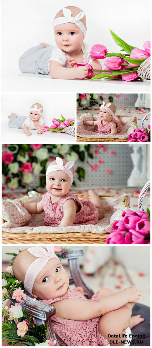 Little girl with tulips stock photo