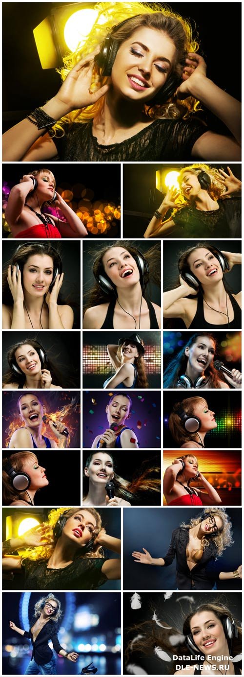 Girls with headphones listening to music and singing stock photo