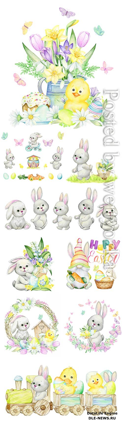 Rabbits, bicycle, easter eggs, butterflies, house, car, plant watercolor set of elements