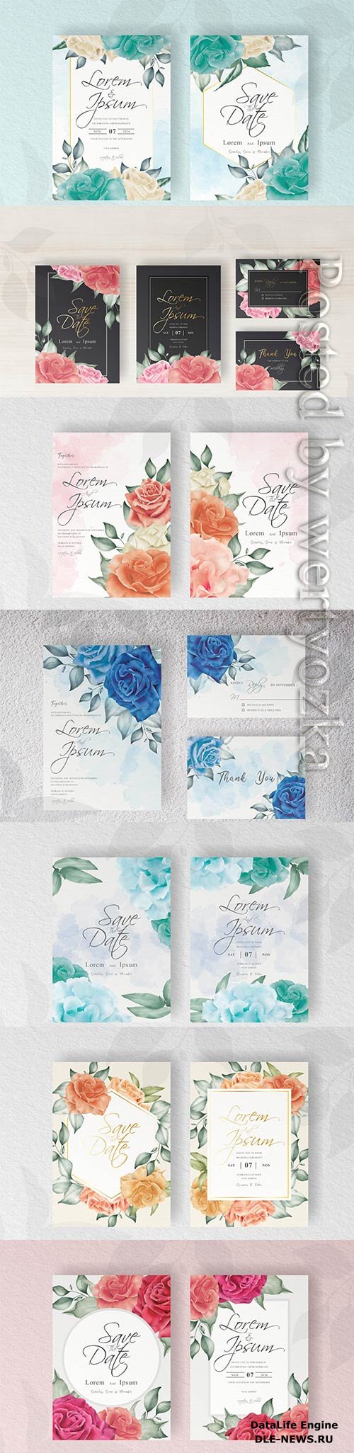 Elegant wedding invitation card template with hand painted floral and leaves