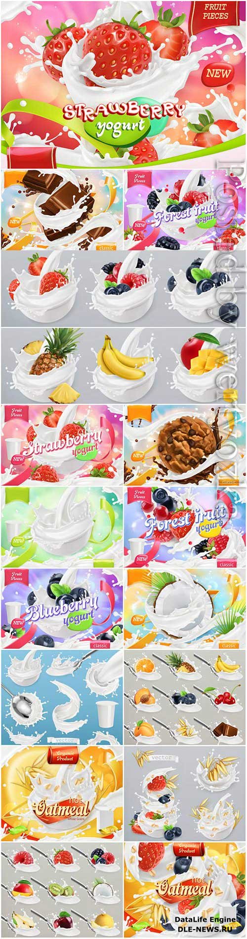 Berries and fruits in milk in vector