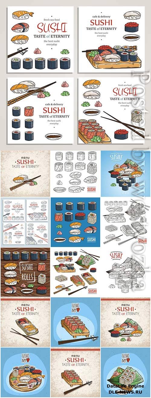 Sushi sets drawn in vector