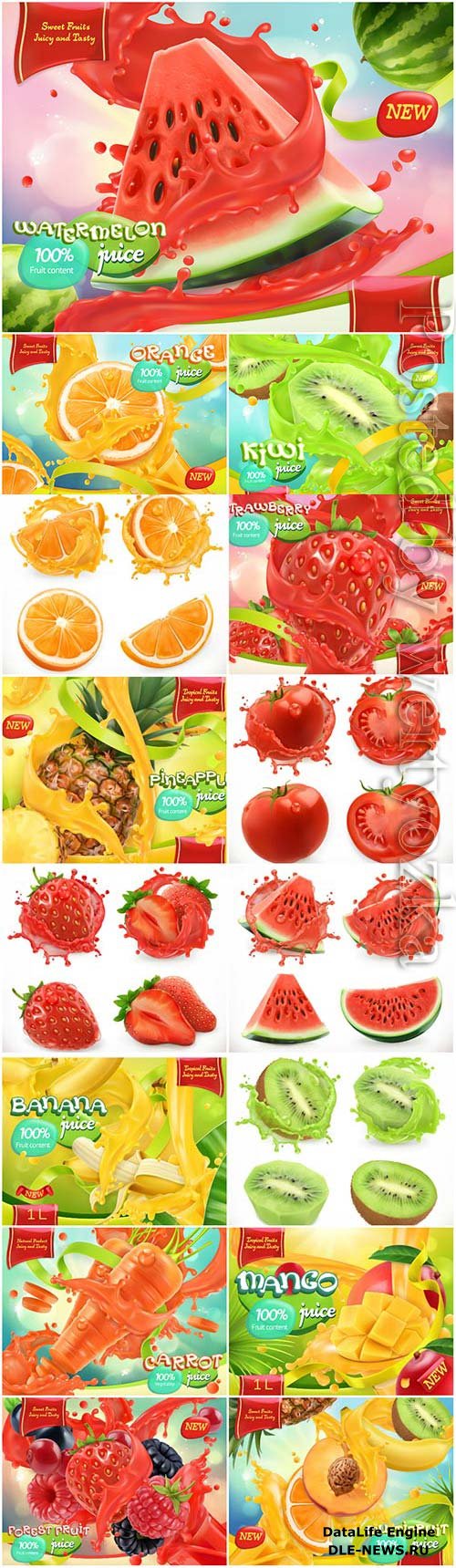 Fresh juices and fruits with berries in vector