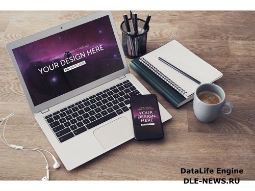 Laptop and Smartphone on Wooden Desk Mockup