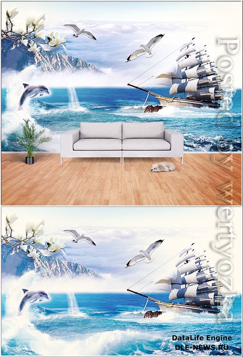 Seagull, big ship, sea dolphin, seaside scenery background wall