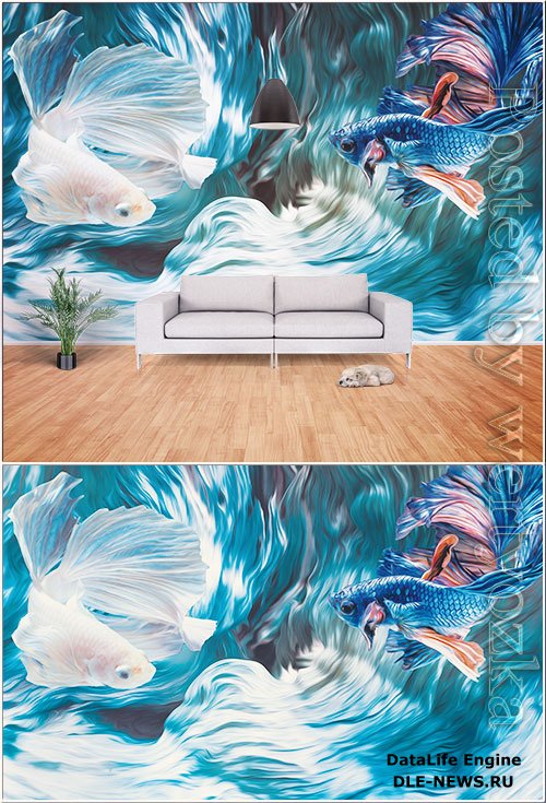 3d creative siamese fighting fish, psd painting room wall