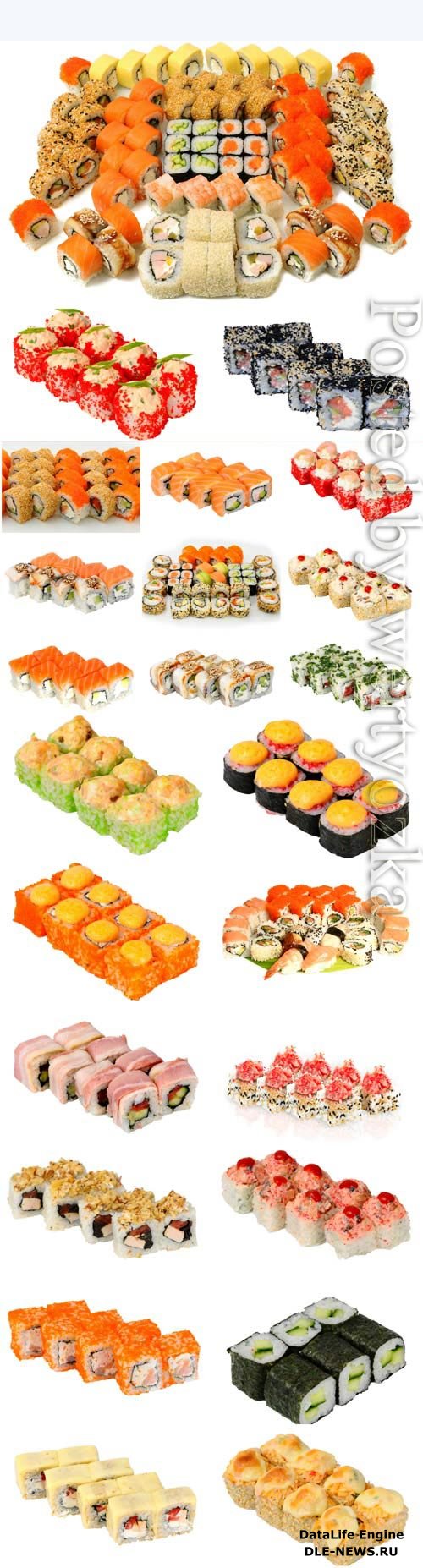 Assortment of sushi on white background stock photo