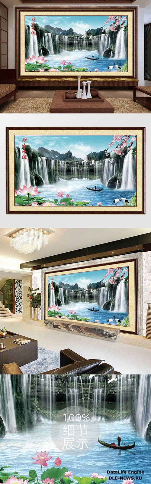 Chinese style framed water and wealthy waterfall lotus white crane tv background