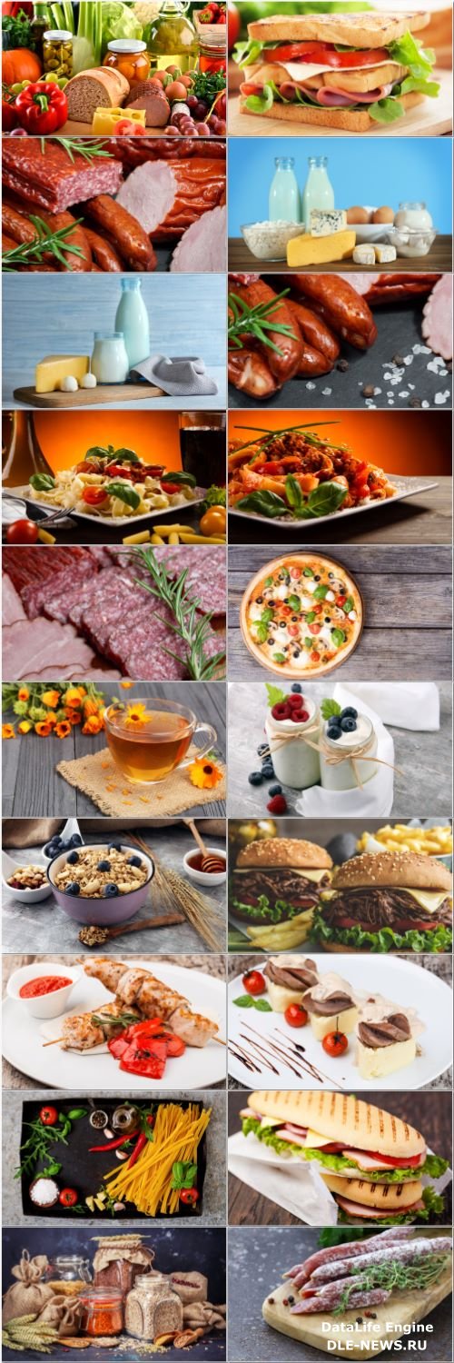 Pastry, meat, fruits, dairy products - set stock photo