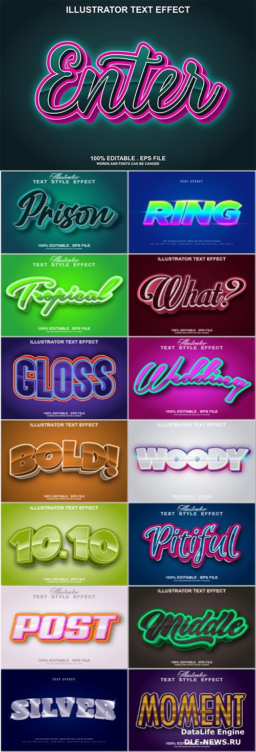 Set 3d editable text style effect vector vol 201