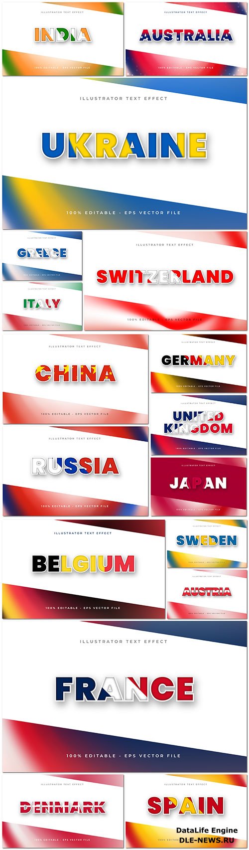 Text effect different countries of the world in vector