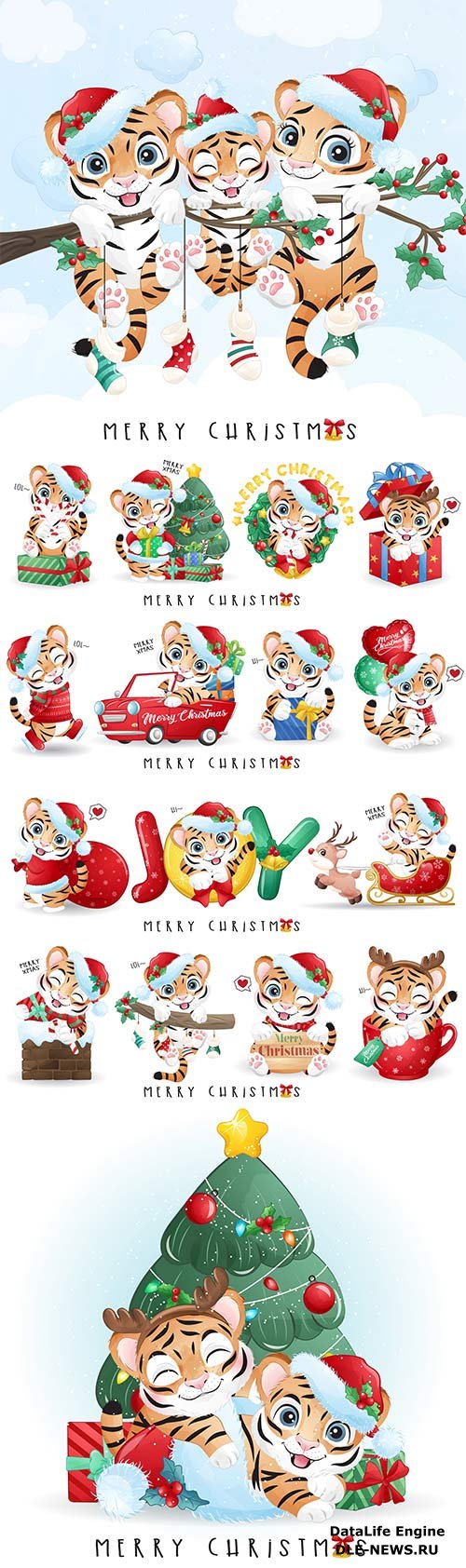 Cute doodle tiger for merry christmas illustration set premium vector