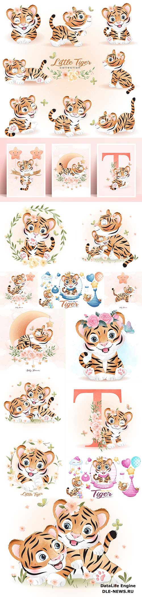 Cute doodle tiger with watercolor illustration set premium vector