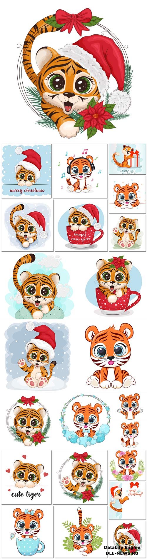 Cute cartoon tiger, christmas, new year card 2022 vector illustration