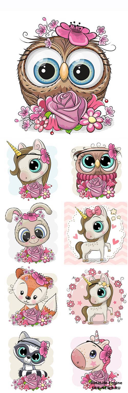 Unicorn, raccoon, bunny and funny cartoon owls vector Illustrations