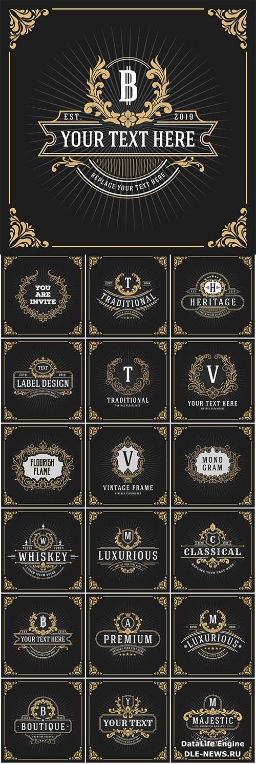 Vintage logo, luxury vector monogram, banner template design