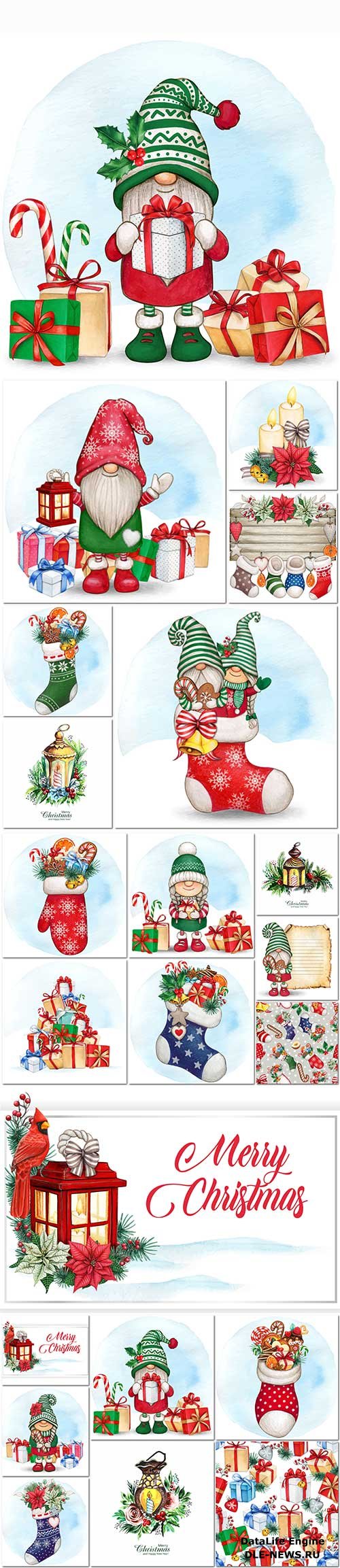 Watercolor hand drawn santa with holiday decorations and elements in vector