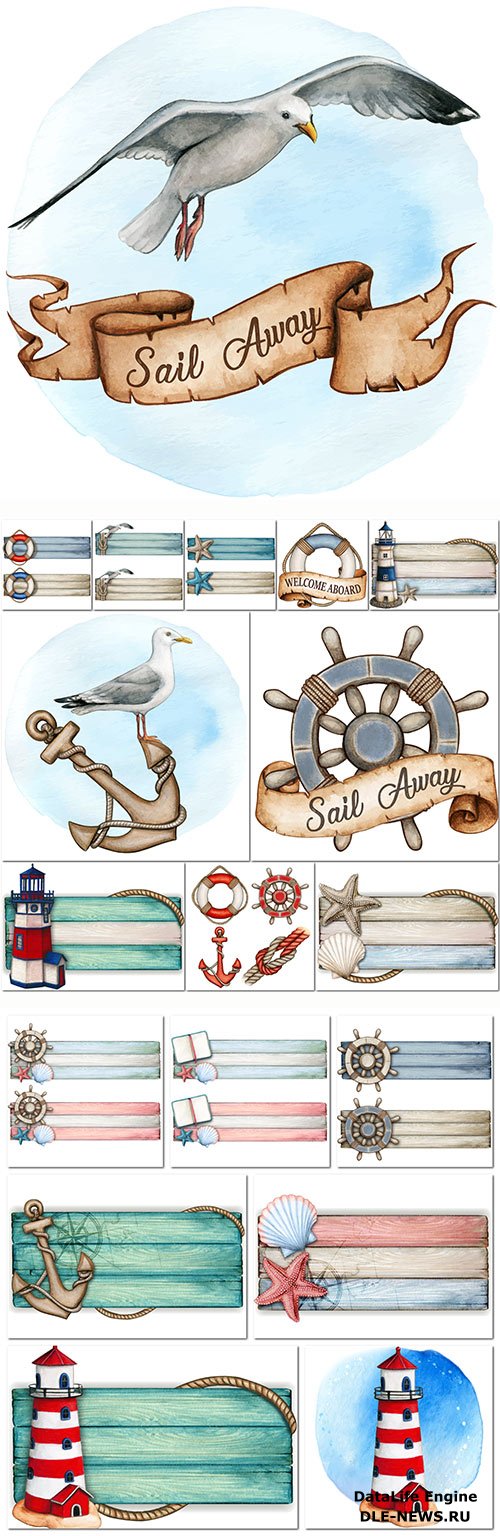 Watercolor wooden nautical vintage banner and elements in vector