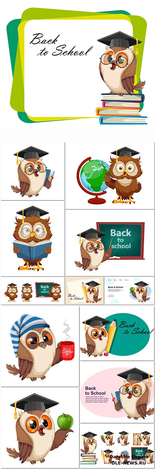 Cute wise owl set of three poses funny owl cartoon character back to school concept premium vector