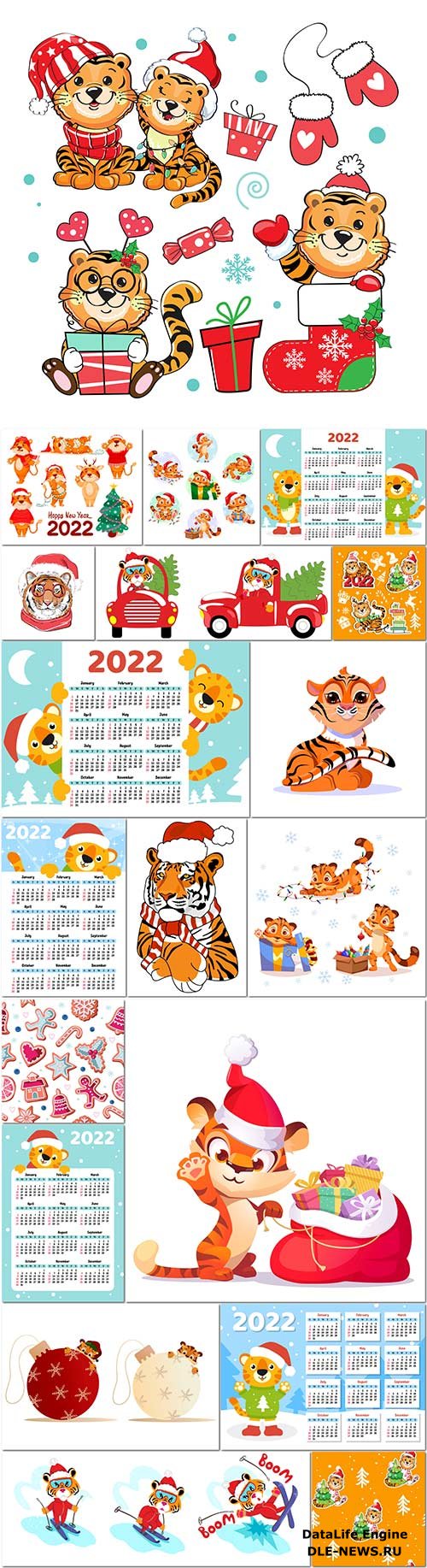 Chinese new year 2022 with cute tigers collection, vector cartoon illustration