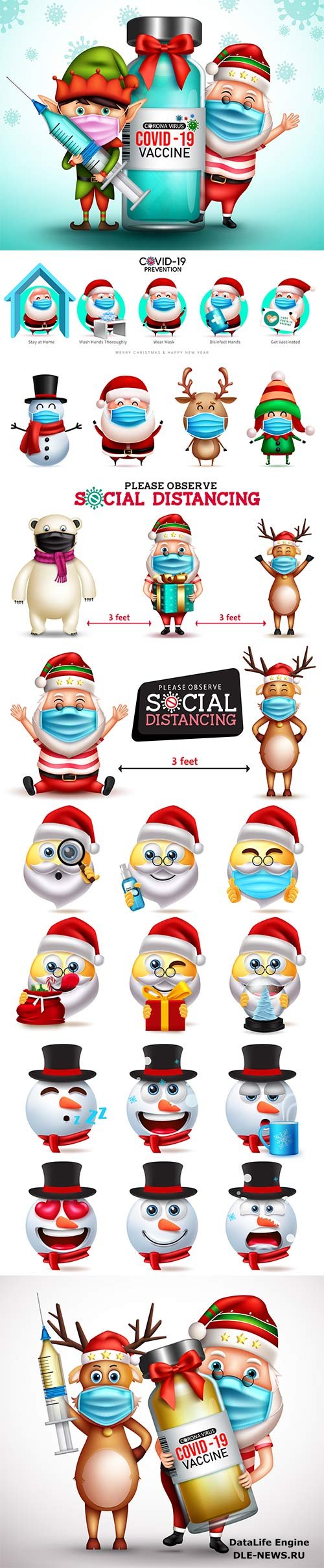 Christmas vaccine vector design christmas 3d santa claus and elf characters vector