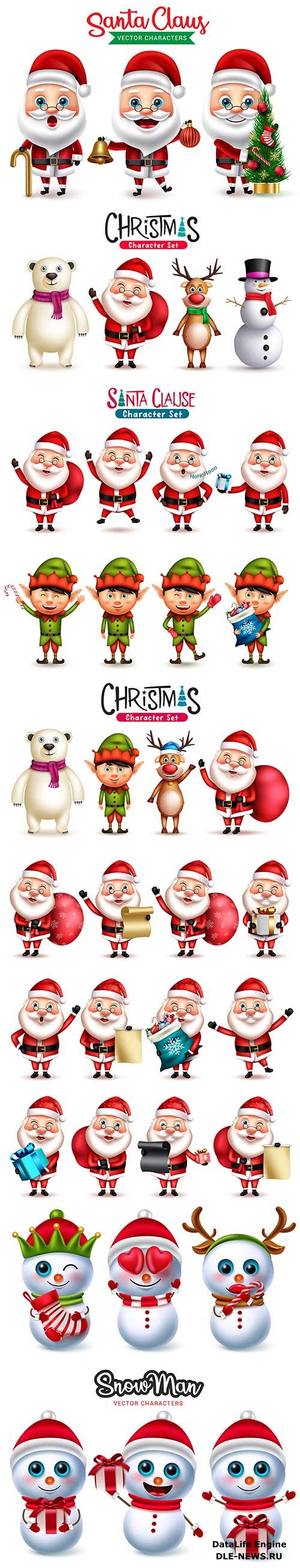 Christmas characters vector set, santa claus, elf, reindeer and polar bear