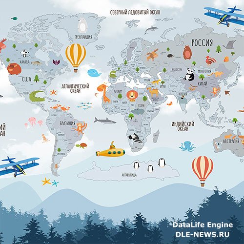 3D texture world map and flying transport balloons