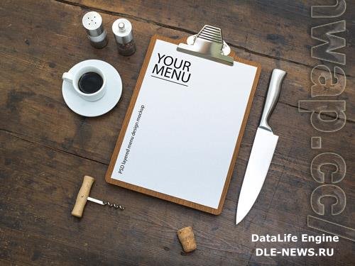 Restaurant Menu with Clipboard on Wooden Table Mockup 213112880