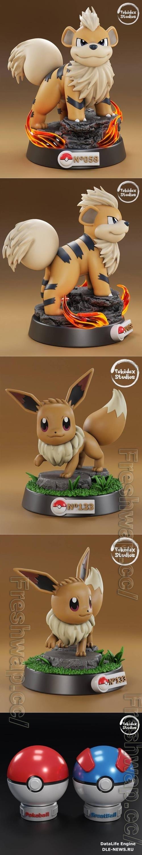 Pokedex Studios May 2022 - Eevee, Growlithe, Poke Ball, Great Ball 3D Print