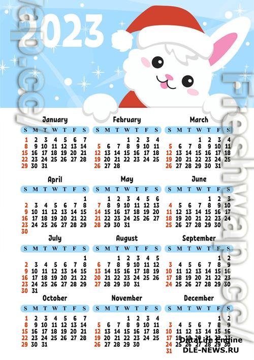 Color calendar for 2023 with a cute character rabbit week starts on sunday fun and bright design cartoon style