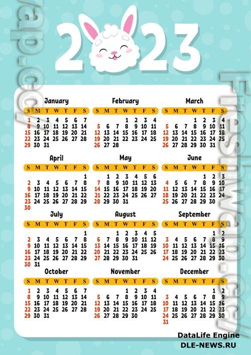 Calendar for 2023 with a cute character rabbit week starts on sunday fun and bright design cartoon style