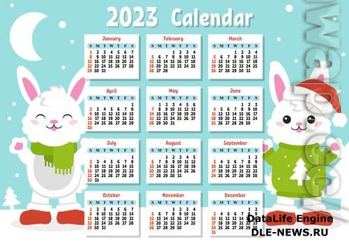 2023 Calendar with a cute character rabbit week starts on sunday fun and bright design cartoon style