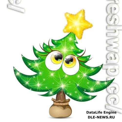 Funny fir tree girl character with yellow shiny star and christmas lights in a pot bag