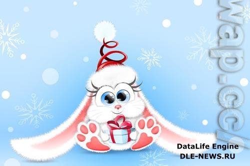 Cute fluffy cartoon white bunny in winter santa hat with little christmas gift box