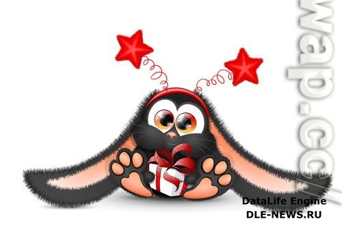 Cute fluffy black bunny in red star headband and gift box in his paws, chinese 2023 new year symbol