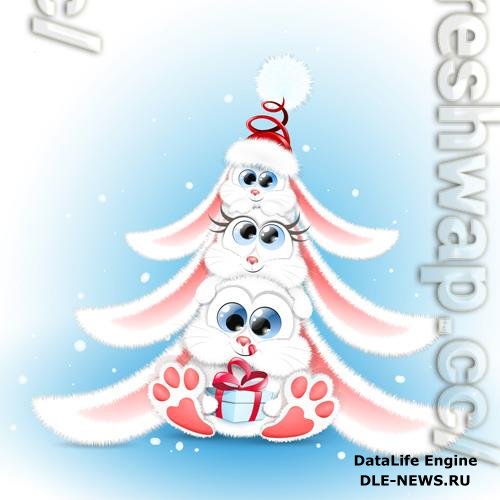 Cute fluffy cartoon white rabbit family sitting one on each other in christmas tree shape