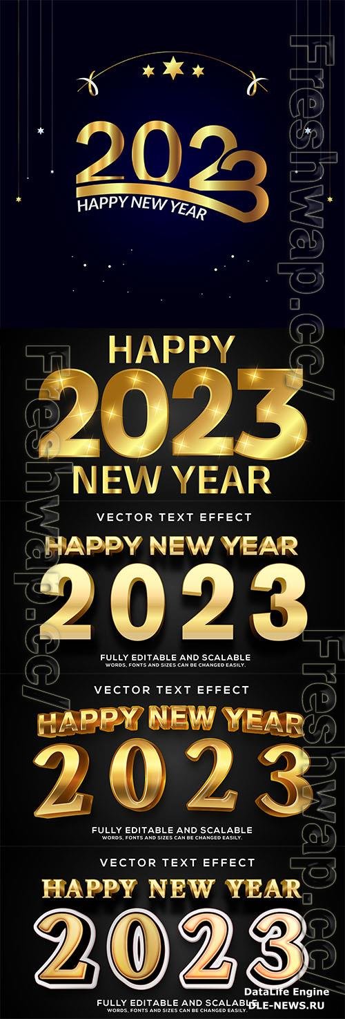 Gold happy new year 2023 3d bold editable text vector effect