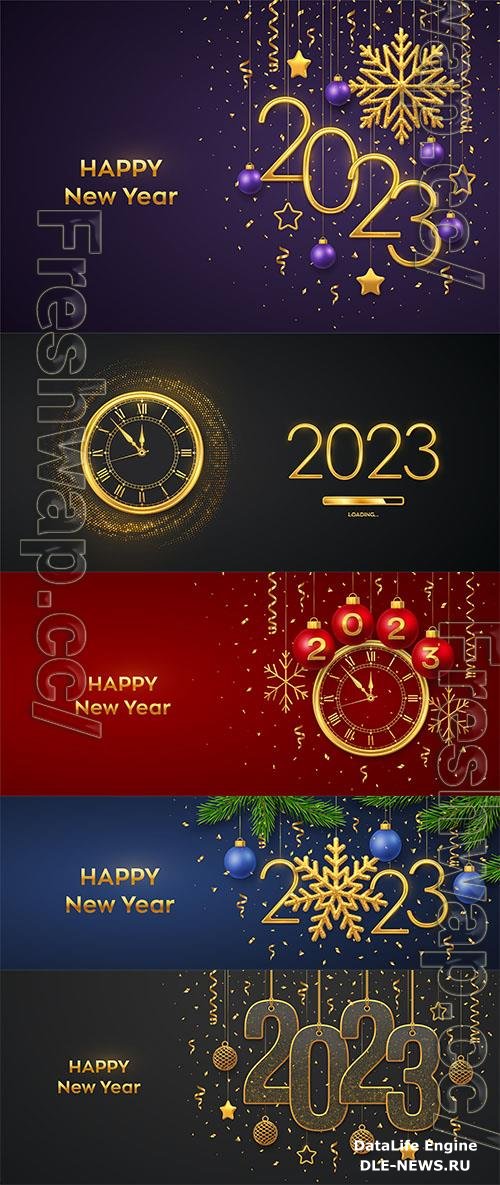 Happy new 2023 year hanging golden metallic numbers 2023 with snowflake balls pine branches and confetti