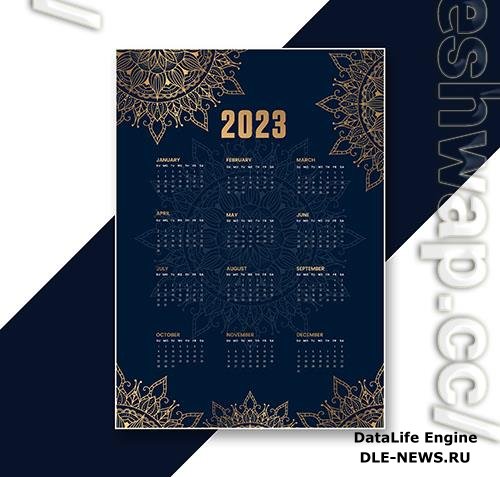 Calendar template 2023 new year with golden patterns