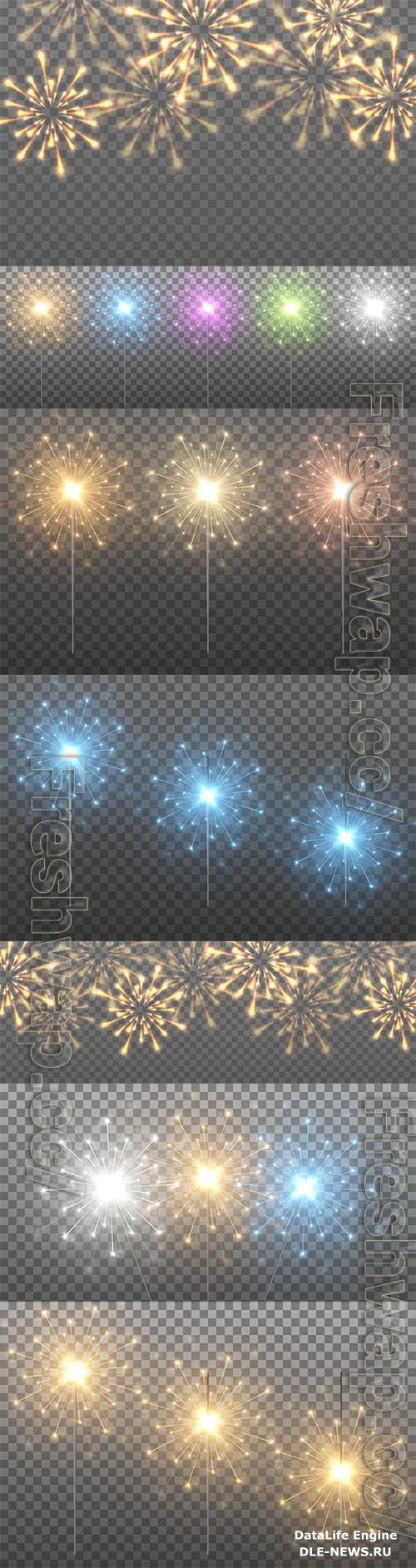 Vector sparklers on an isolated transparent background, gold sparklers, sparks, fireworks