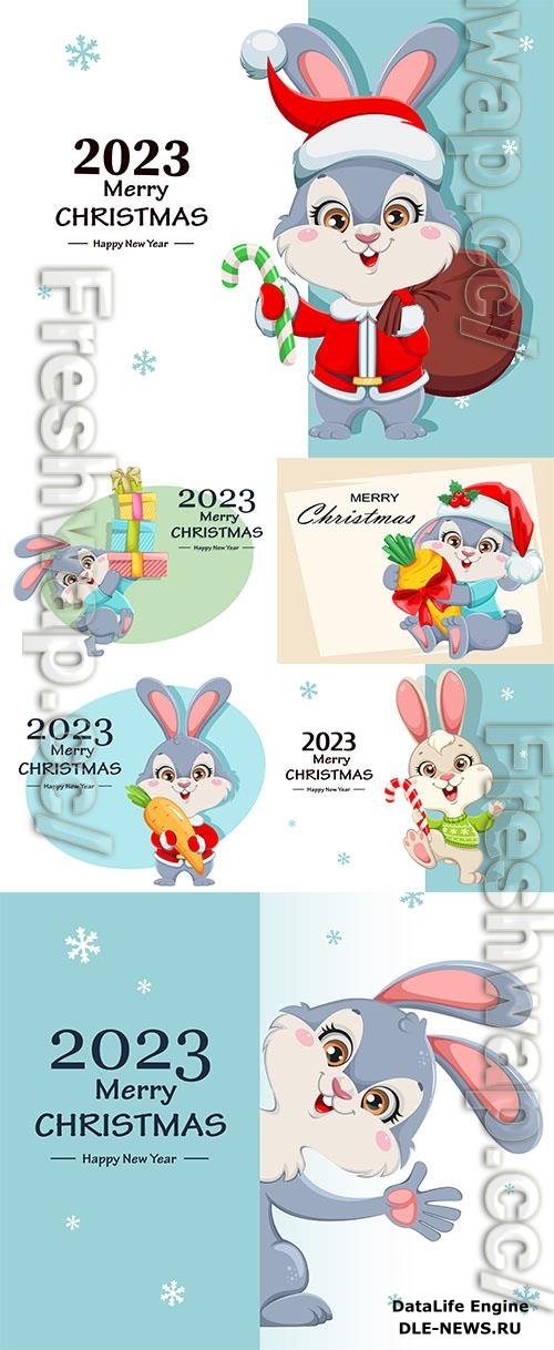 Merry xmas and happy new year cute cartoon rabbit