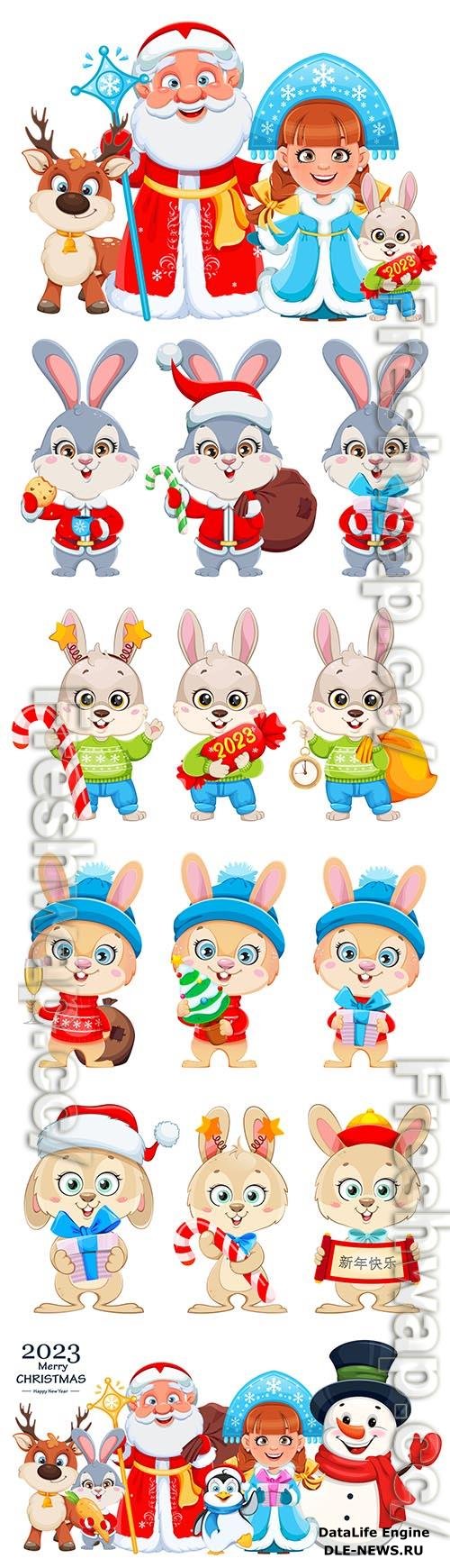 Cute rabbit, santa claus, snow maiden, snowman and cartoon animals christmas vector