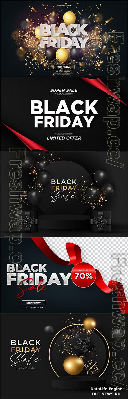 Black friday sale with realistic 3d balloons and bokeh explosion vector background