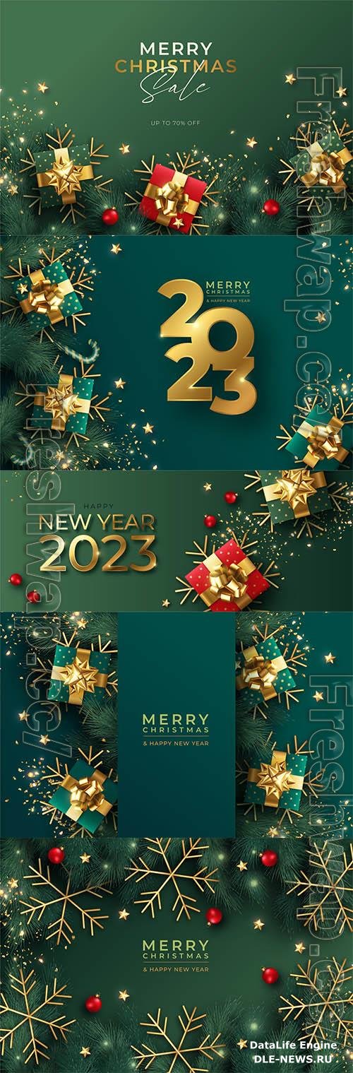 2023 Christmas background with winter nature and ornaments