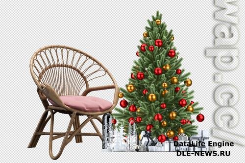 Christmas tree, gifts and armchair in 3d rendered