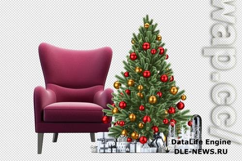 Christmas tree and armchair in 3d rendered