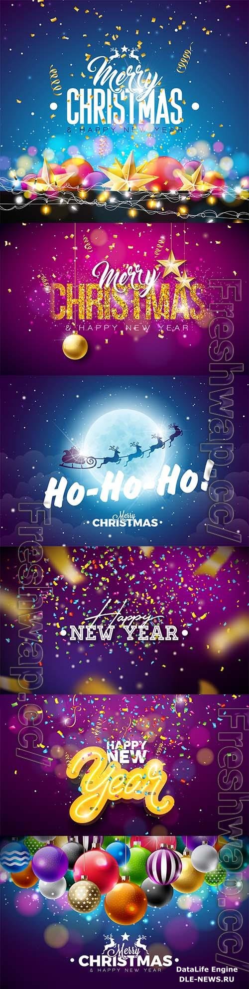 Merry christmas and happy new year illustration with colorful glass ball and intertwined tube