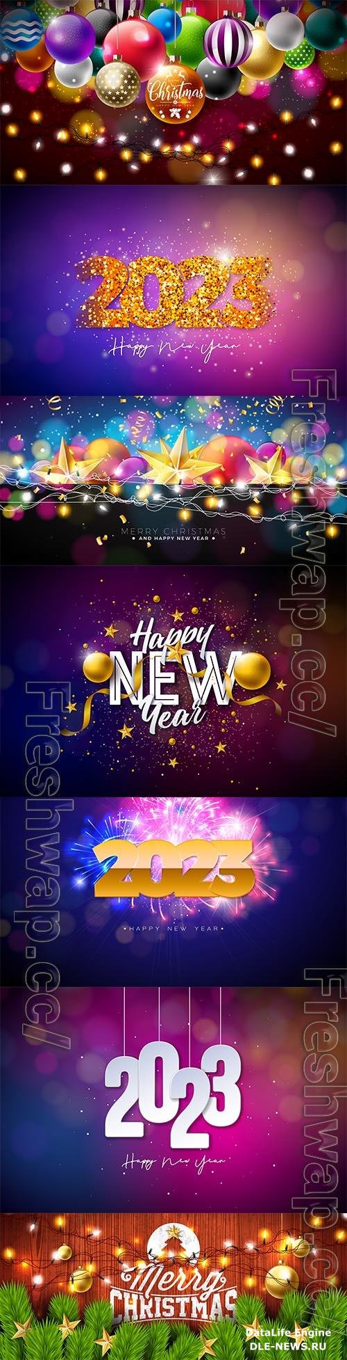 Merry christmas and happy new year illustration with gold star glass ball and lights garland