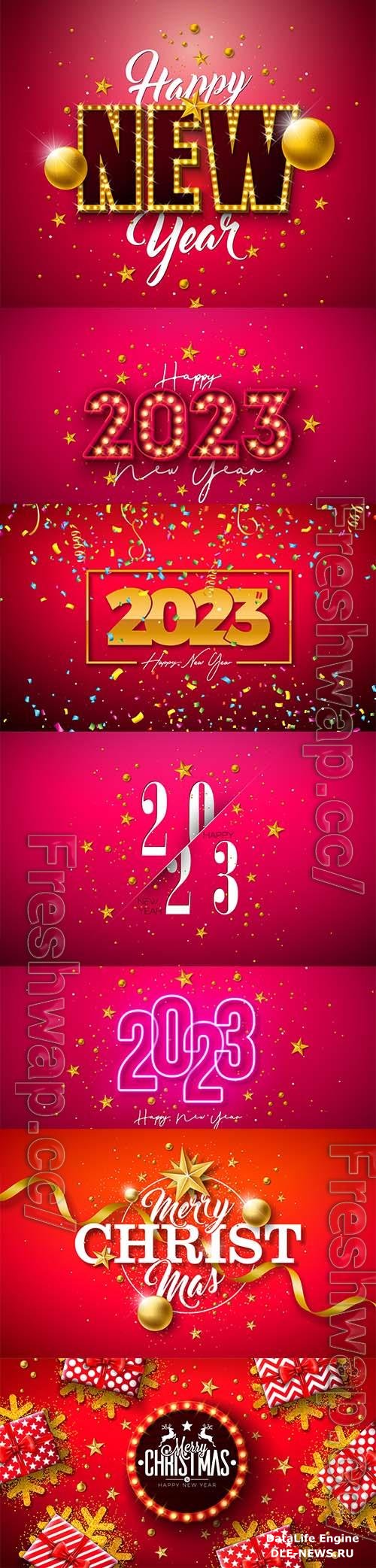 Merry christmas and happy new year 2023 illustration with gold glass ball